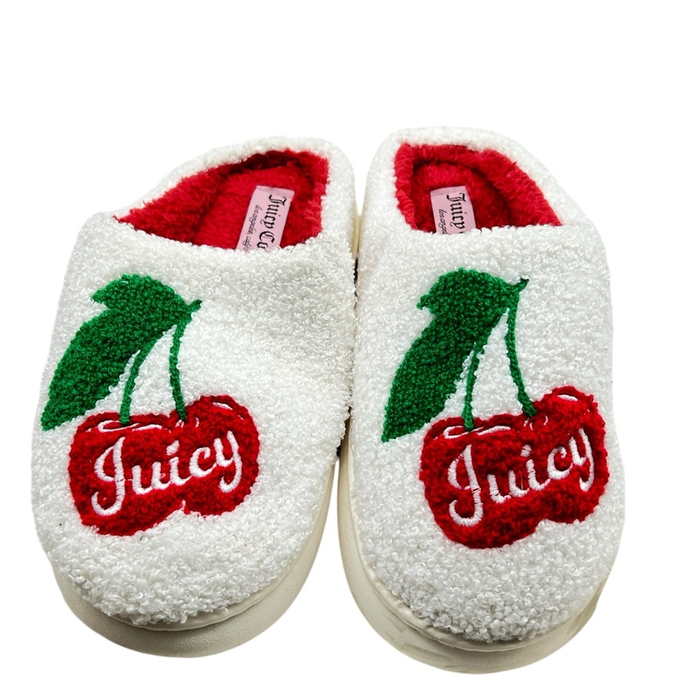 Juicy Couture White Plush Cherry Slip-On Slippers with Red Lining - Picture 2 of 8